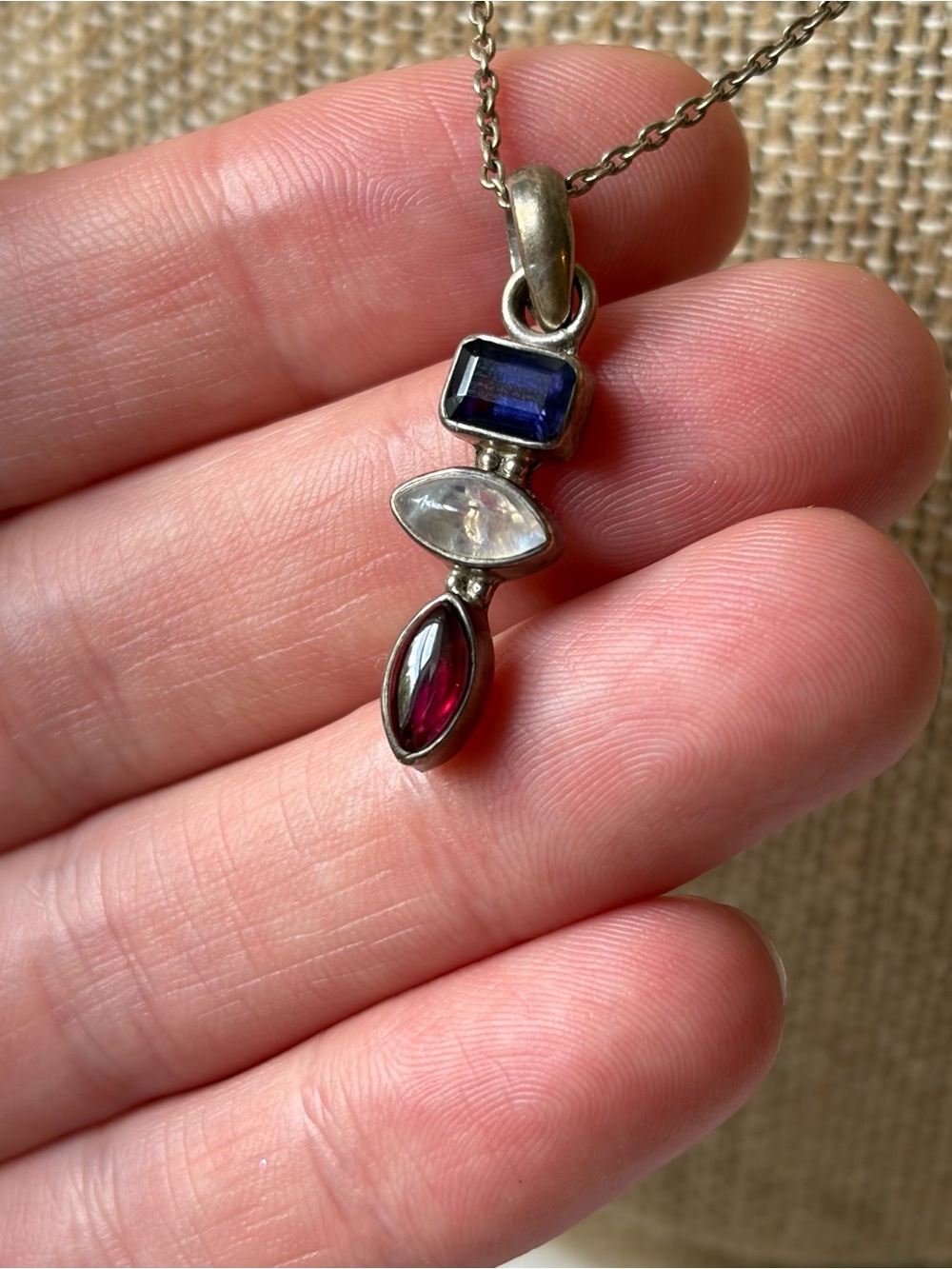 Vintage Sterling Silver 925 Multi Precious Gemstone Pendant Necklace